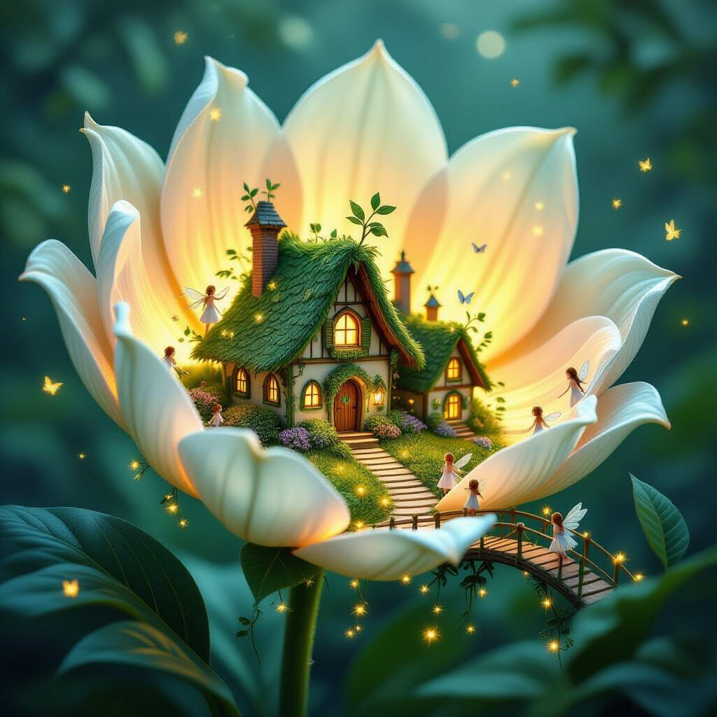 A whimsical fairy village nestled within the petals of a giant, bioluminescent flower, with tiny houses ...  by @Alexandra 