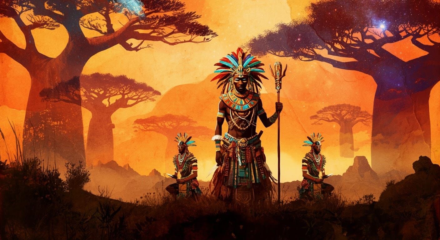 Fictional video game wallpaper for “Cradle of Aetherwinds” in a Concept Art style for a Platformer inspired by West African Mythology. Reali...