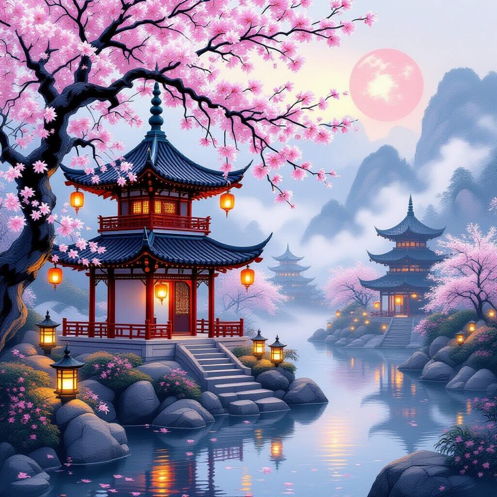 Lantern, Cherry Tree, Blossoms, Pagoda, Asia, Asian  by @Domy