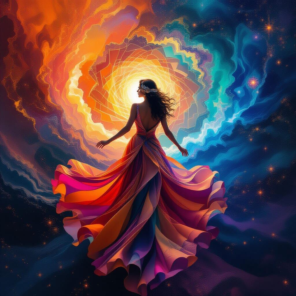 Womam a chaotic maelstrom of radiant, prisma...