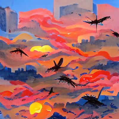 Birds flying out of a perished sunset city