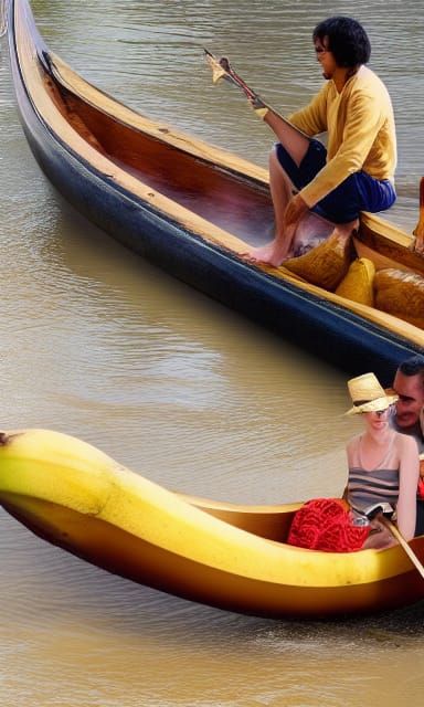 Gondola made out of a giant banana skin, floating down a riv...