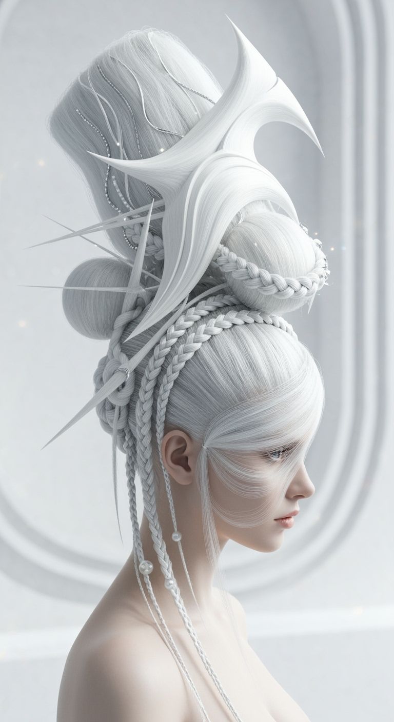 "Avant-garde fashion portrait featuring extraordinary white hairstyles as the focal point. Hair is sculpted ...  by @SKIMART