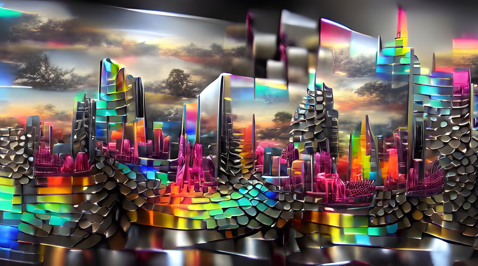 Beautiful futuristic cityscape made from rainbow fractals an...
