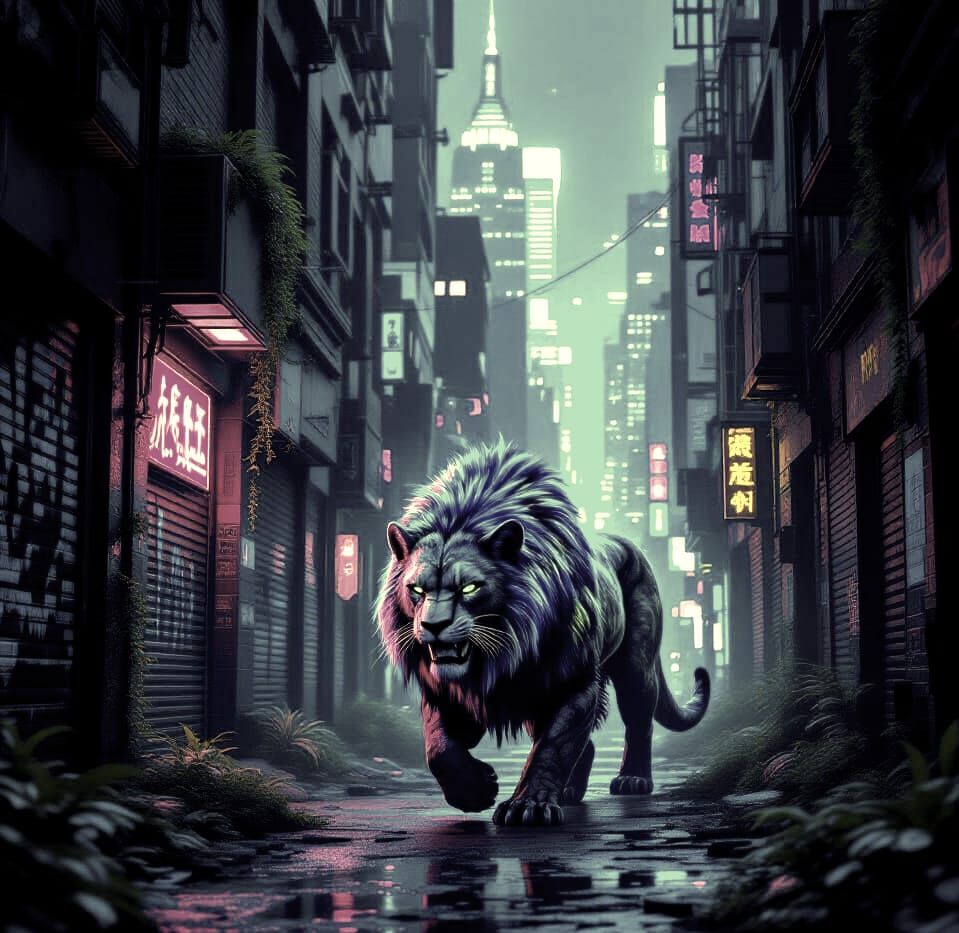 Digital painting. A solitary smilodon with bioluminescent fur prowls through a derelict, biomechanical New York City alleyway at night. Towe...