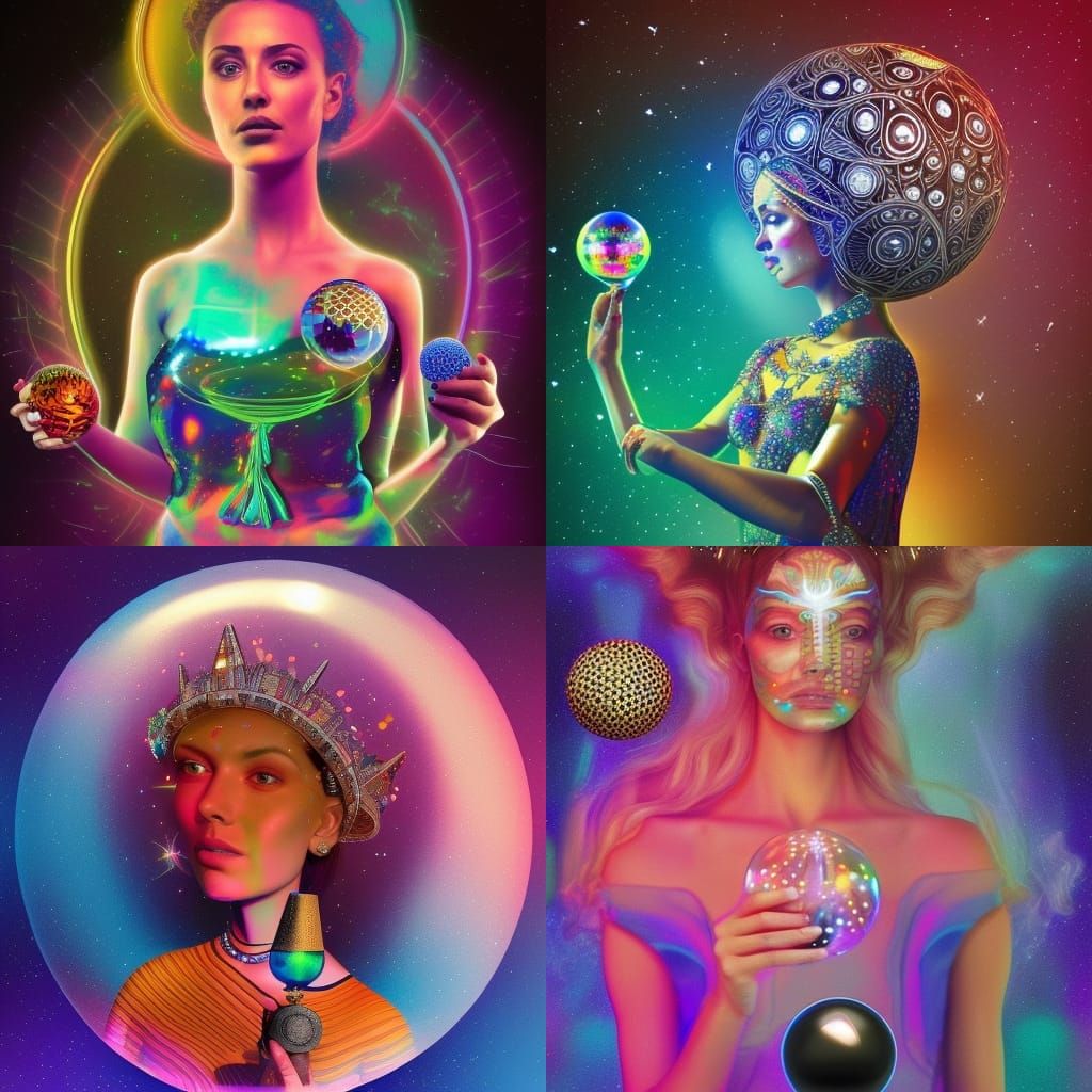 A queen holding a glass ball with a gear inside it.