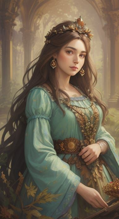 Princess Portrait with Crown and Nature Elements