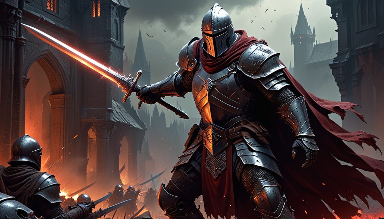 A knight stands alone in a red ruby city fighting for throne in the streets of the city. The knight holds a glowing sword. Close up behind t...