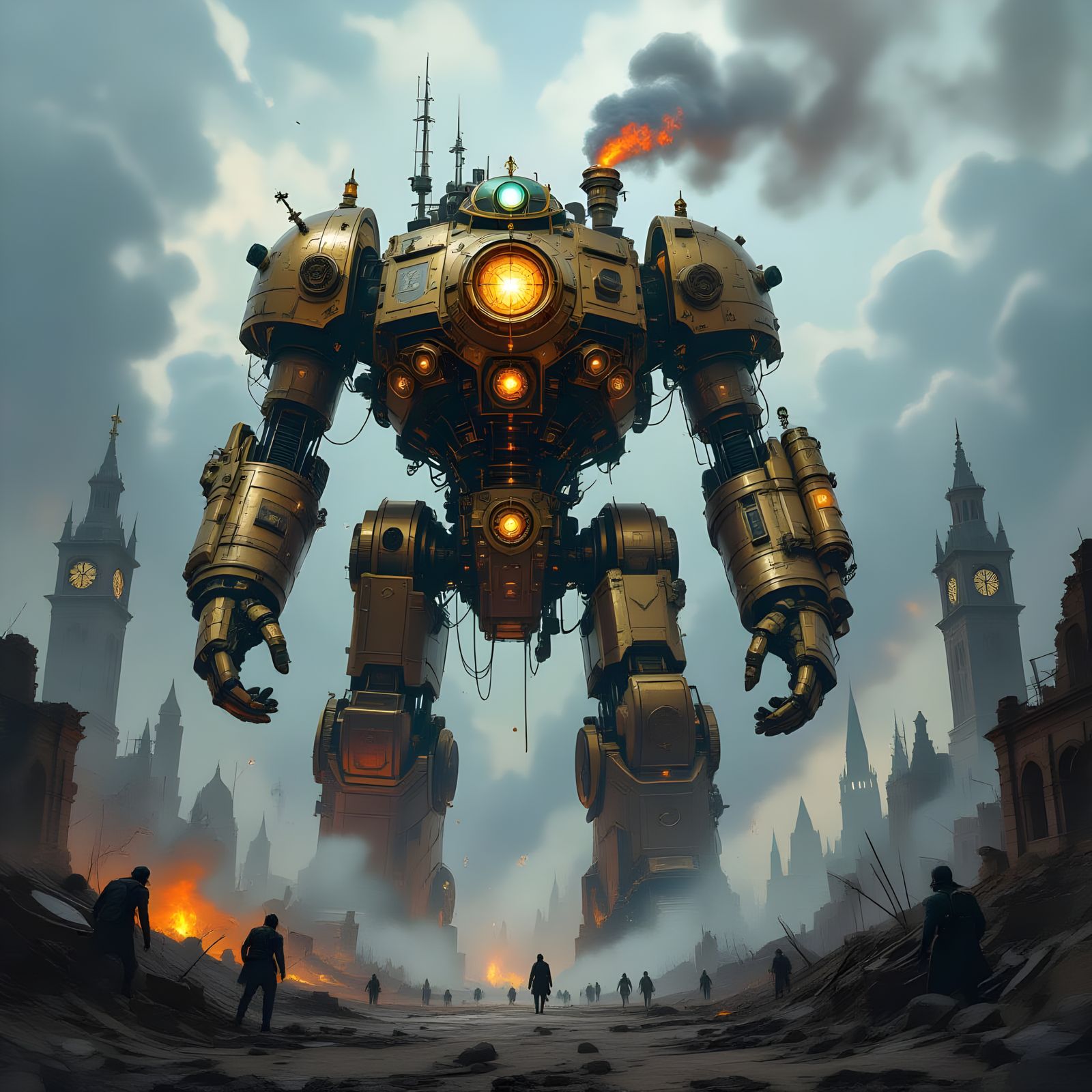 Steampunk Colossus Amidst Gothic Battlefield