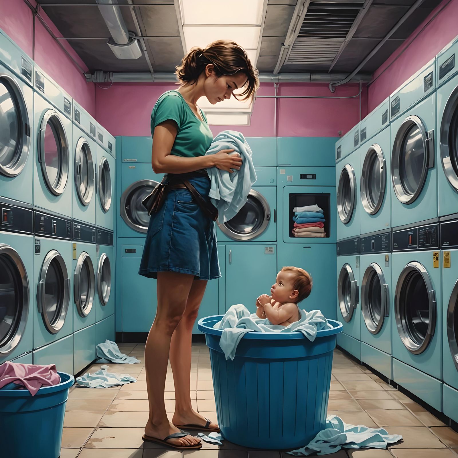 Young single mother at the laundromat