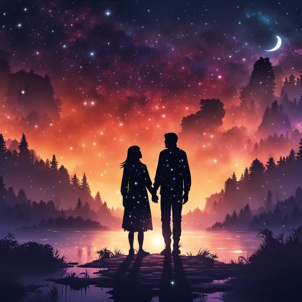 A realistic cover of two black silhouettes, holding hands with a beautiful night sky,the name of the song "Mi Mejor Amigo" on the bottom and...