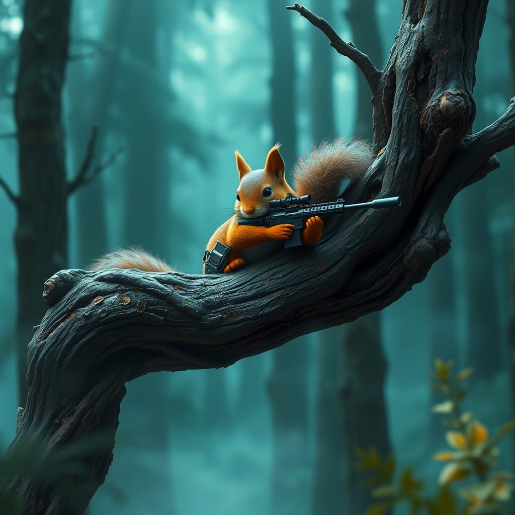 Squirrel Sniper in Misty Forest, Detailed Matte Painting