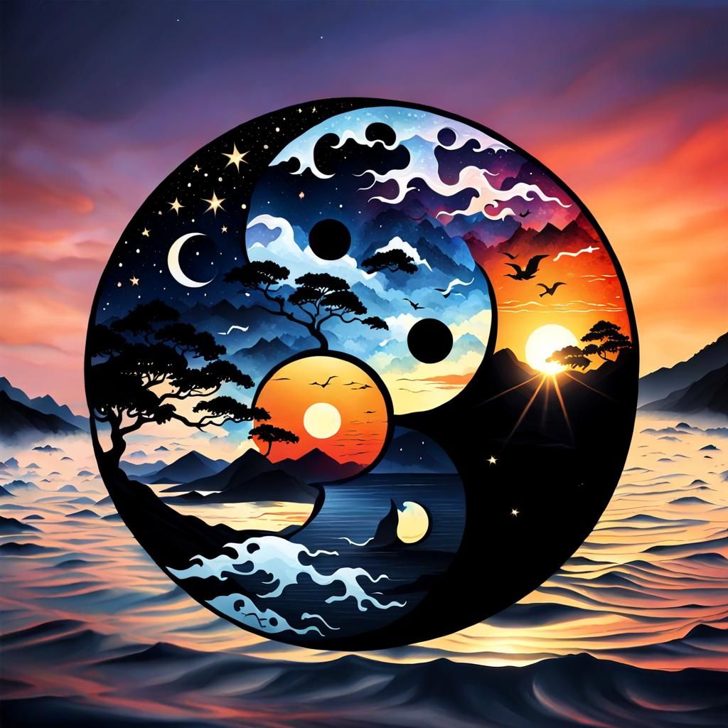 Sunset Yin Yang symbol Midnight  by @Caroline