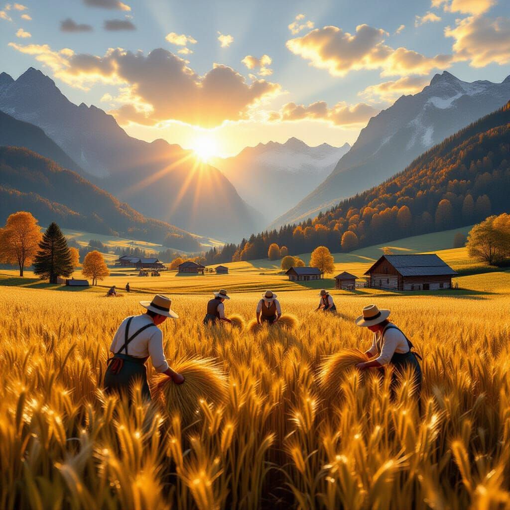 Autumn valley in  the alps. Farmers harvesting grain by hands  by @undefined