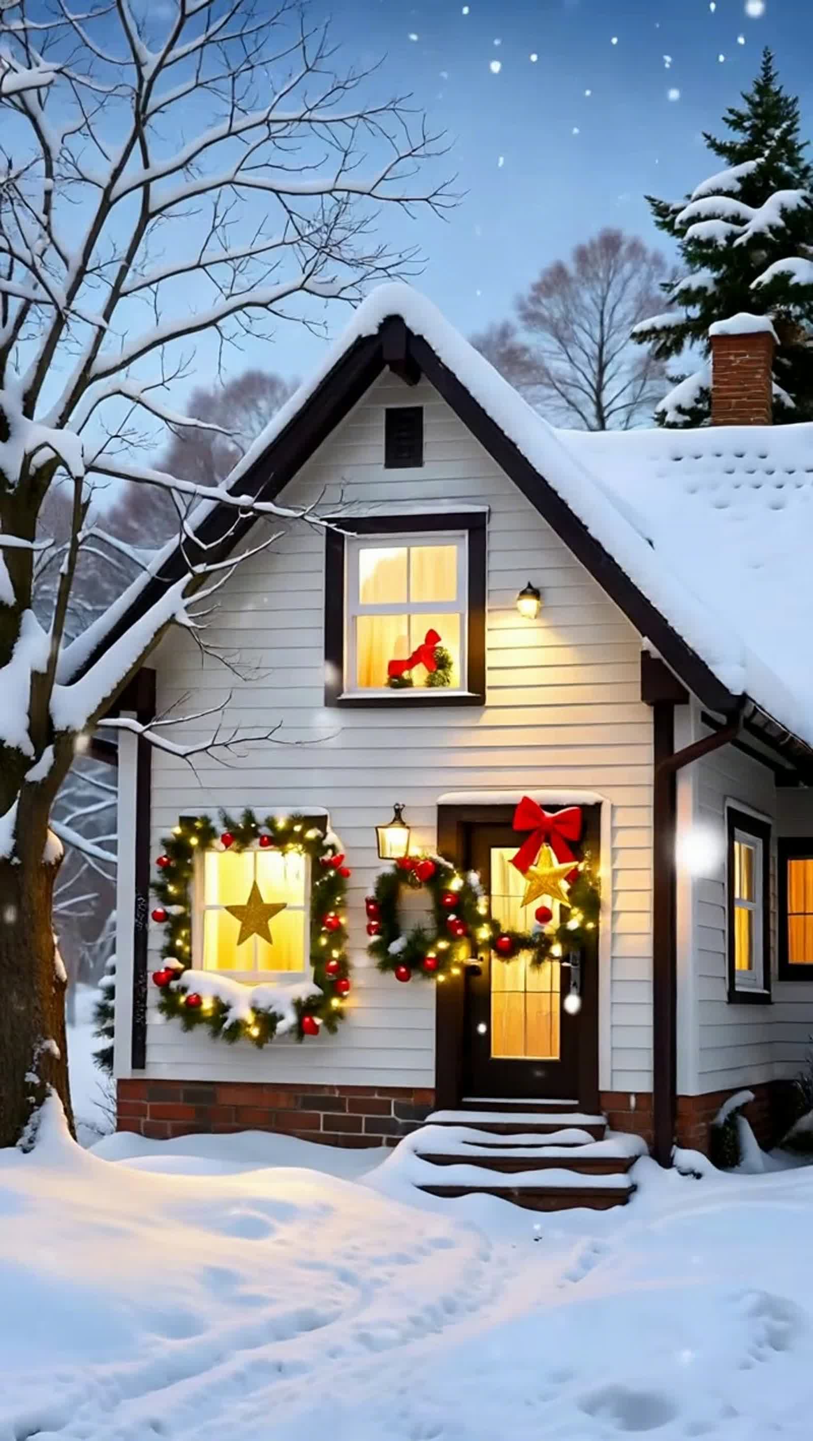 snowstorm outside a quiet house,
single window glowing warmly,
simple christmas decorations inside,
soft candlelight,
ca...