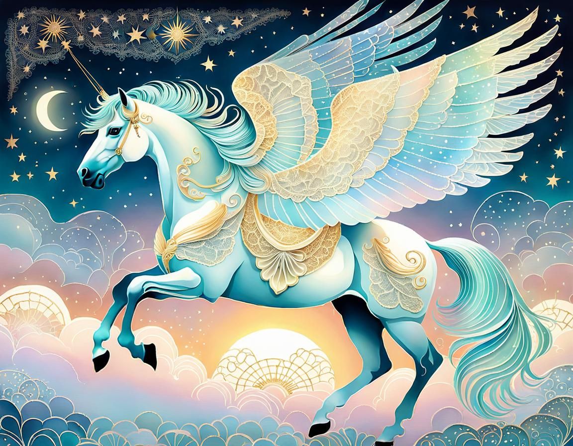 Whimsical Pegasus Flying in the Majestic Sky