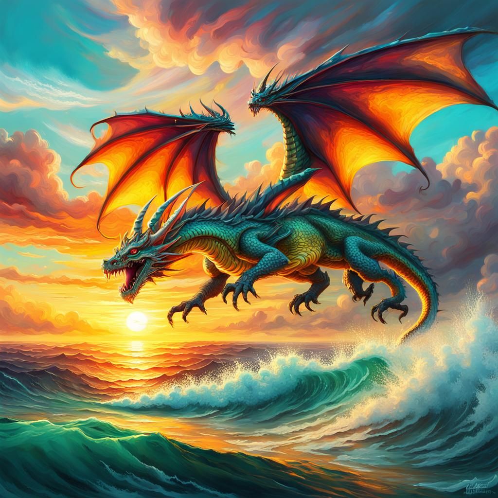 a magnificent dragon flying low over the ocean at sunset bea...