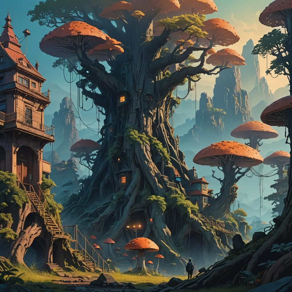 Fantastical Cityscape with Lush Foliage and Warm Sunset