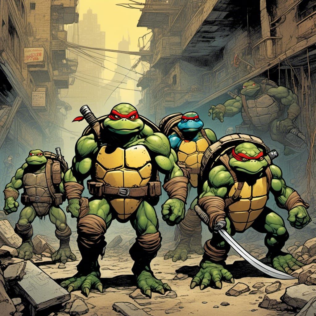 <lora:SteampunkFoto:1.0> Teenage mutant ninja turtles in the sewers