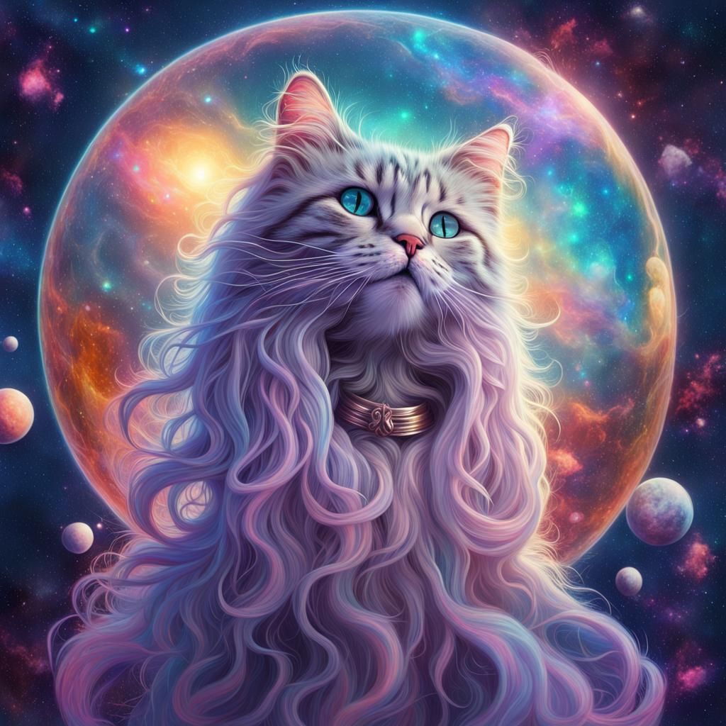 Floating long hair kitty in space