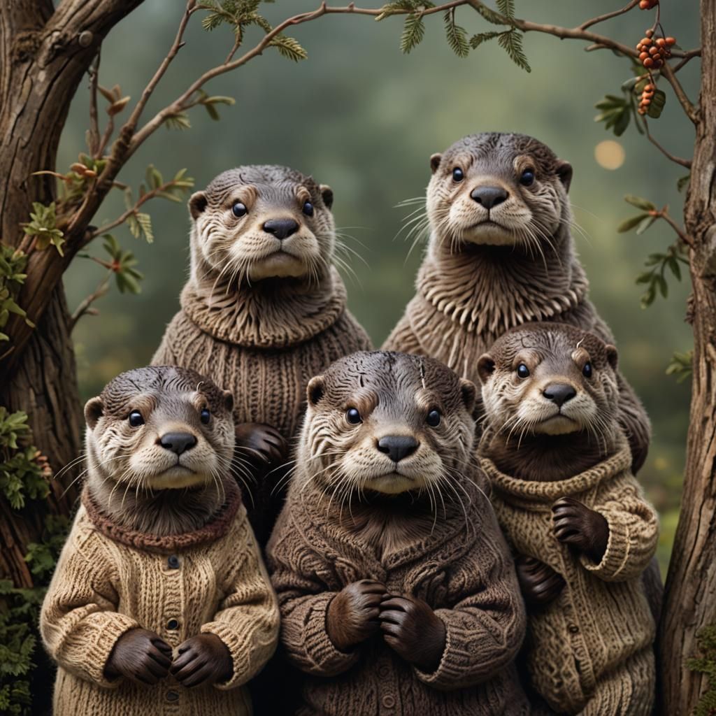 a family of otter wearing knitted sweaters. Professional photography, bokeh, natural lighting, canon lens, shot on dslr ...