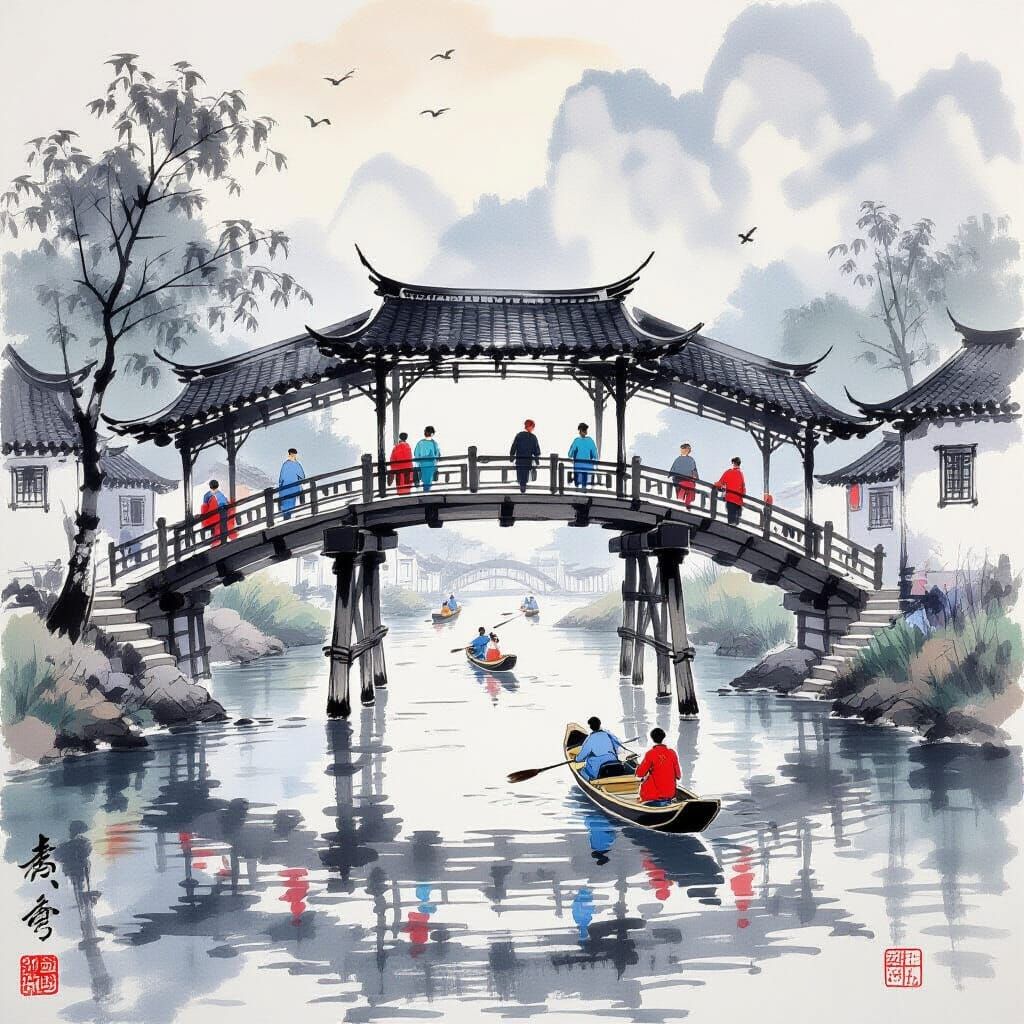 Ancient Wooden Bridge in Chinese Ink Wash Scroll Style