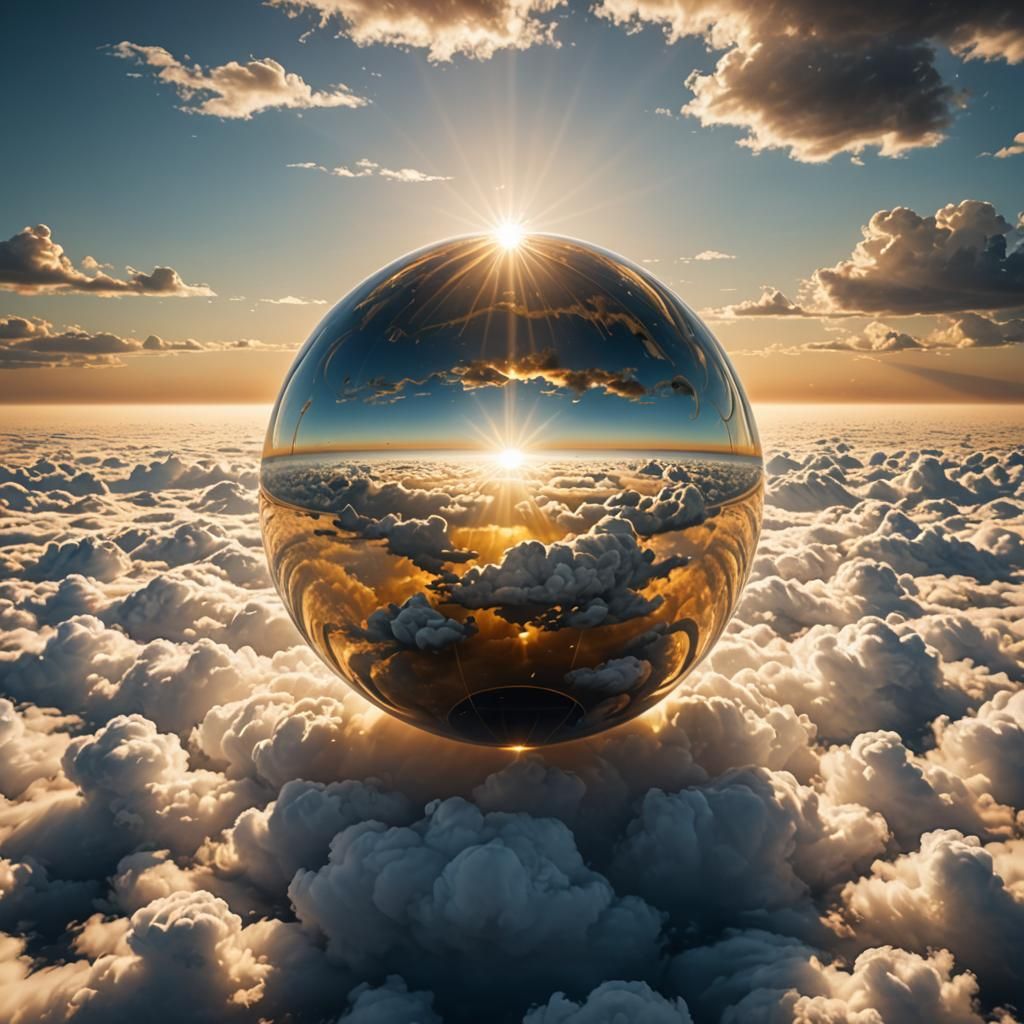 A colossal orb with a metallic sheen. It floats amidst a sea of clouds.  by @ZoinMihailo