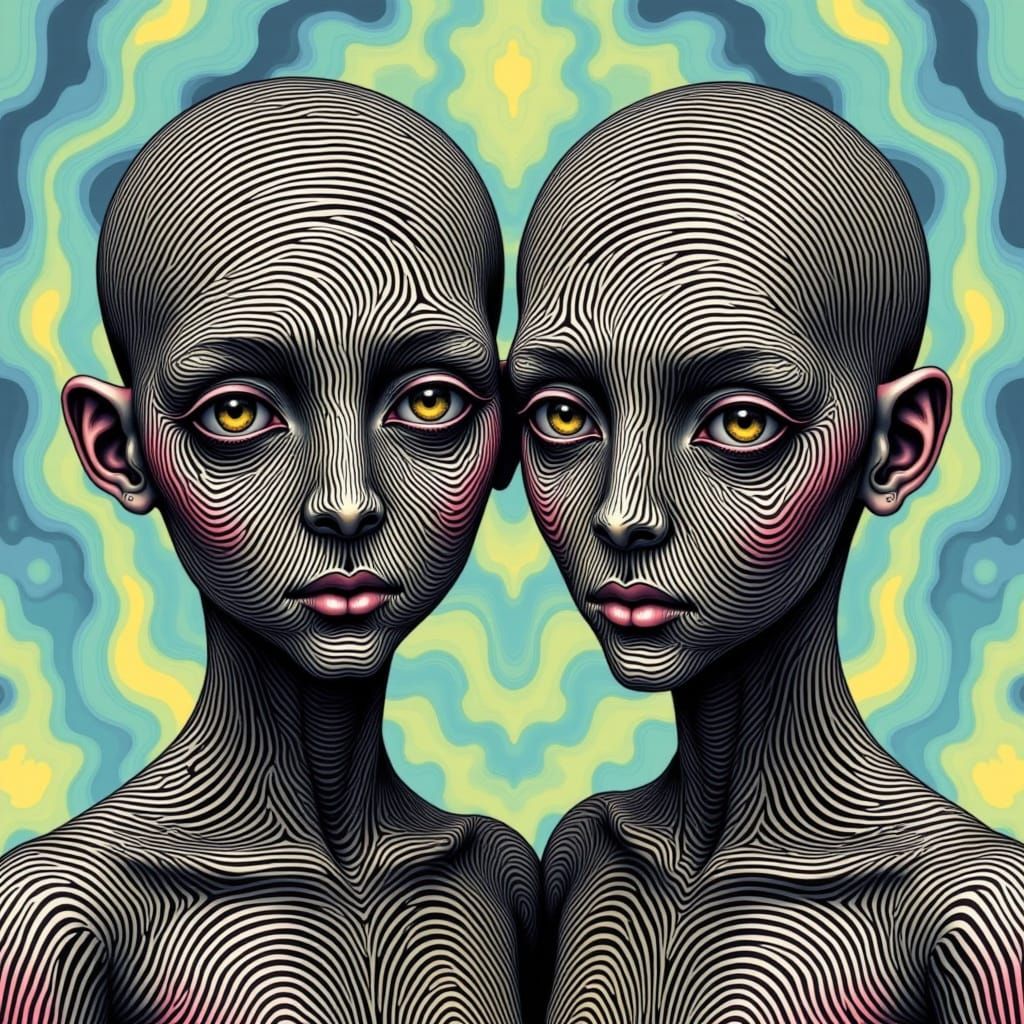 <lora:Patterned Skin:1.0> Surreal portrait of odd twins with fingerprint patterned skin
