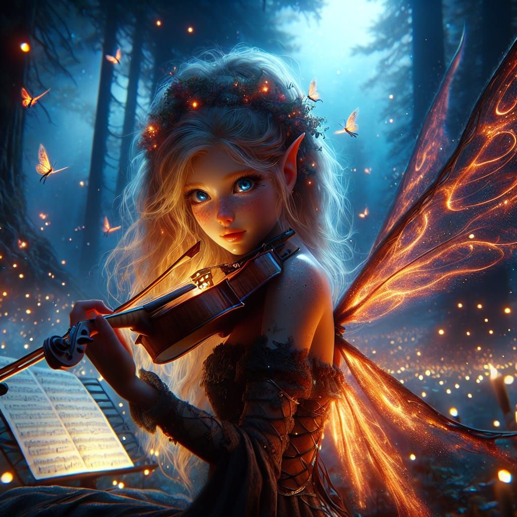 A female fire sprite playing violin in an enchanted forest,   by @Rmercier60 