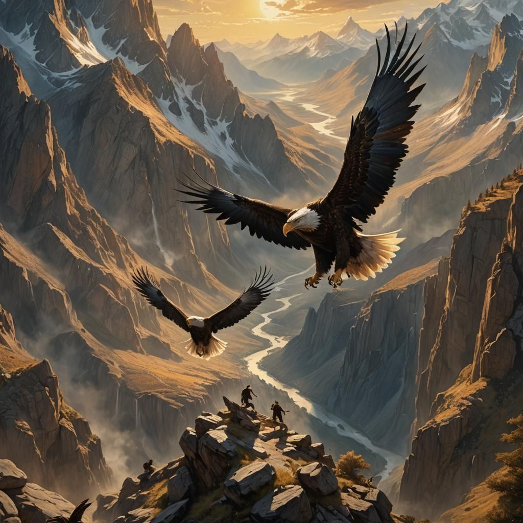 Eagles Soaring Between Mountains in Golden Light
