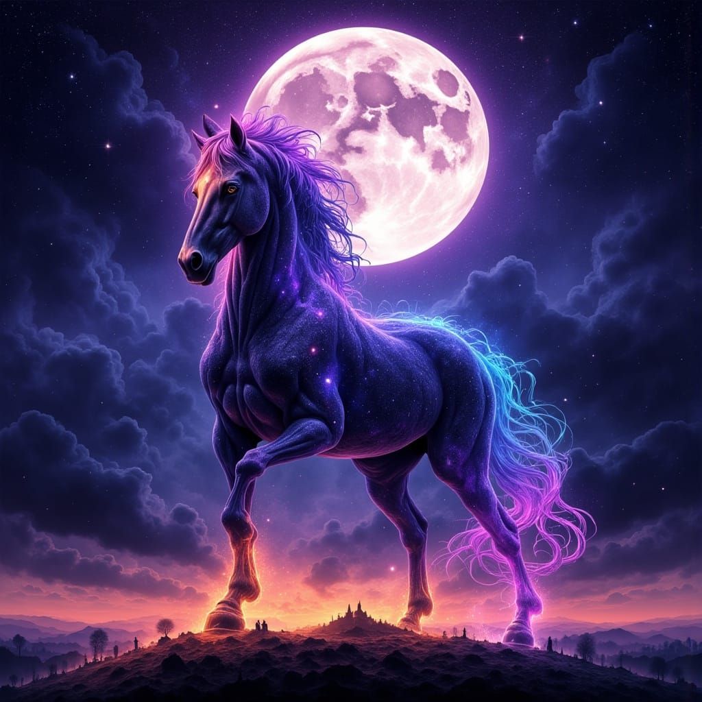 Majestic Horse Under a Cosmic Moon in Digital Art