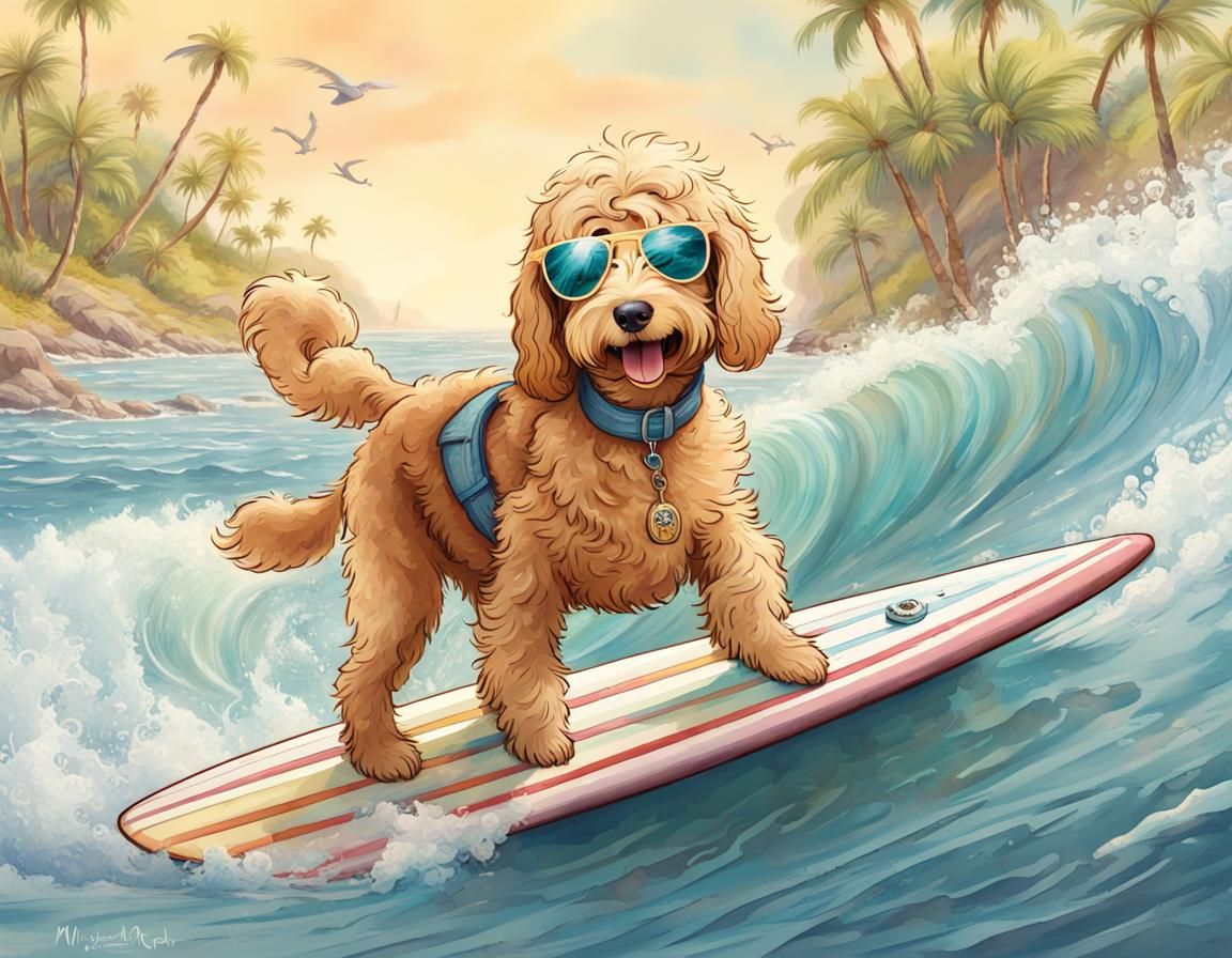 Surfing Dog Two Tailed Goldendoodle