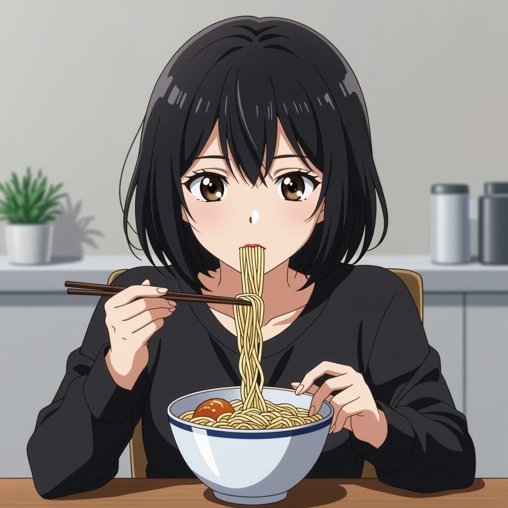Anime Girl Eating Noodles Illustration