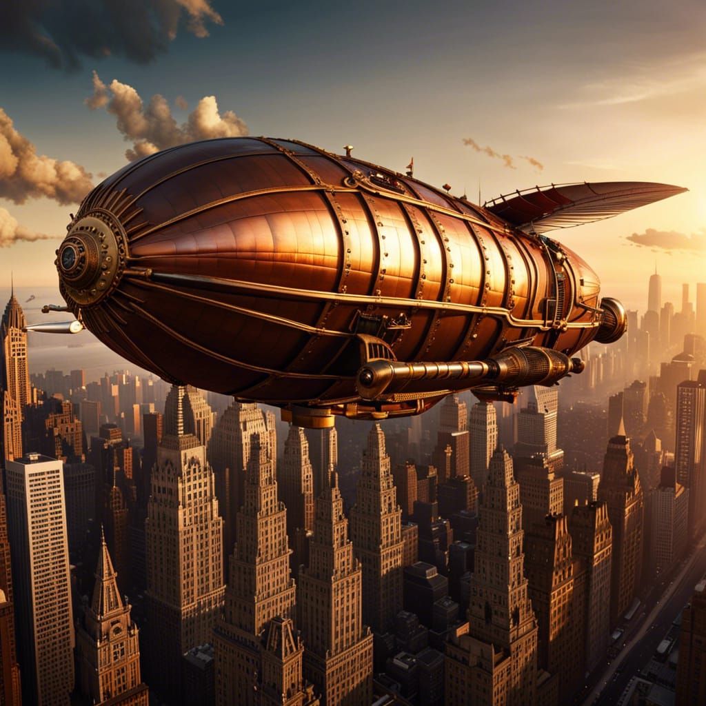 A Steampunk Zeppelin arriving in Manhattan  by @Friendly Nerdy Guy
