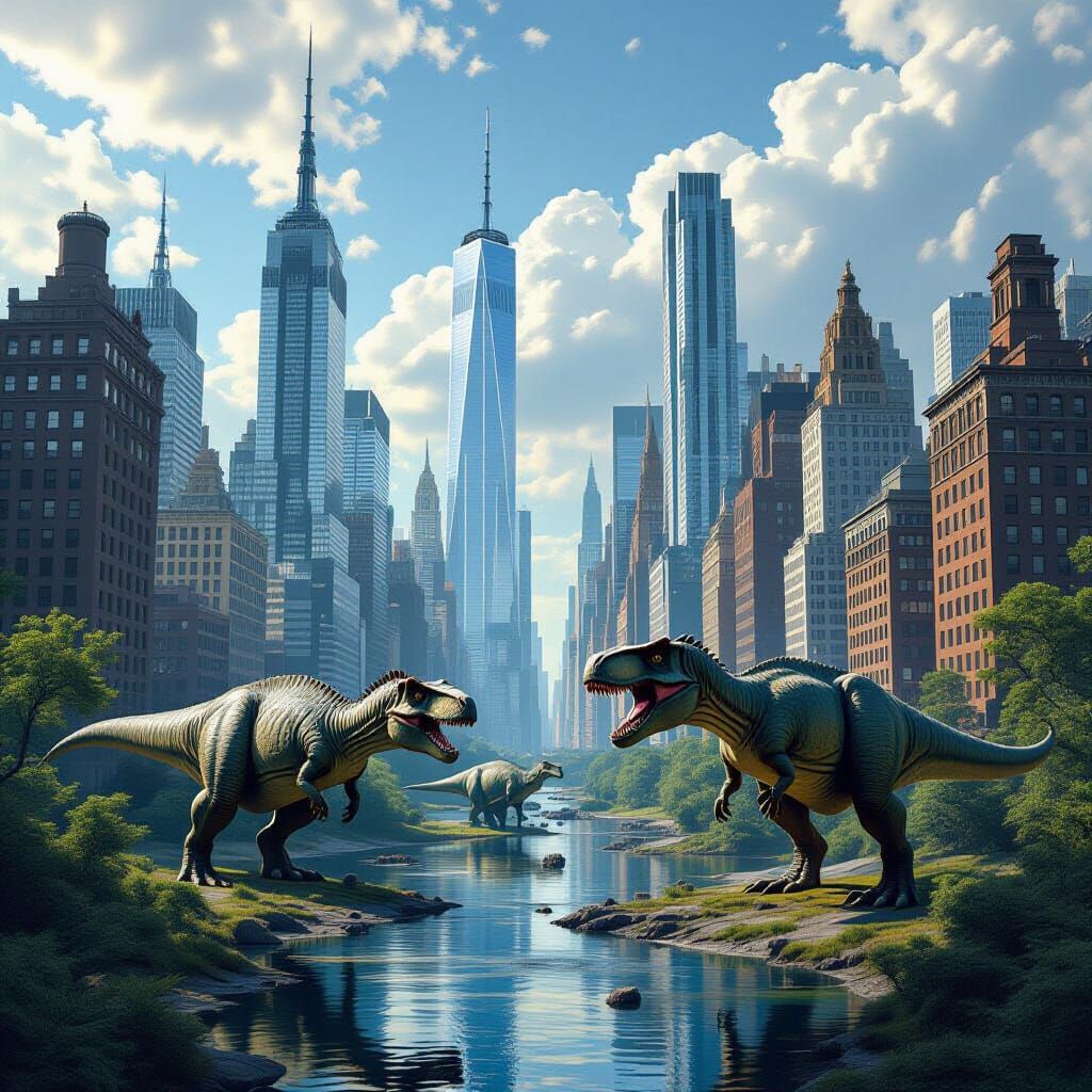 1970's new york, jurassic period, extreme perspective, extreme detail, hyper realistic.  by @Riot