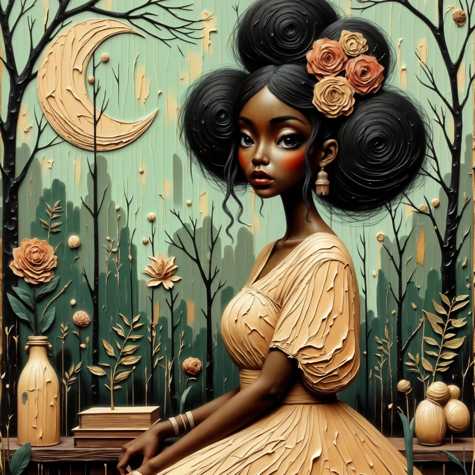 Multicultural Goddess Gardener Cultivating Book Plants in Gr...