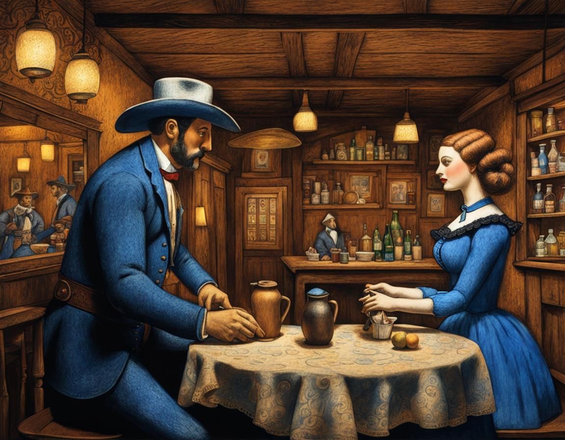 Waitress serving a grizzled cowboy in a saloon