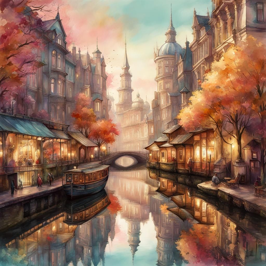 Futuristic Steampunk City in Pastel Watercolor