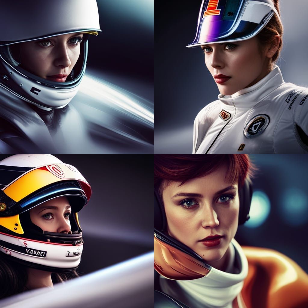 Lady F1 Driver closeup look with F1 vehicle on racing track