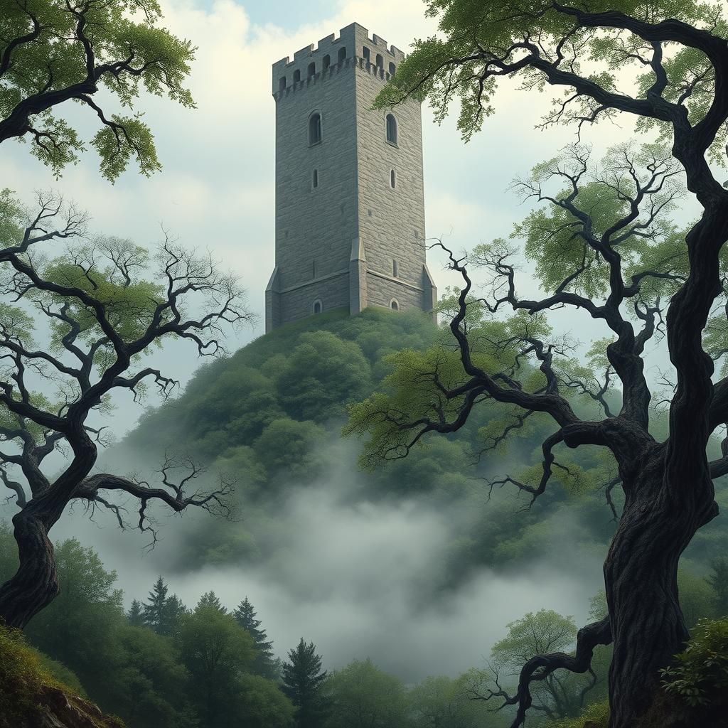 A stone tower on a forested hill, medieval, beautiful painting 