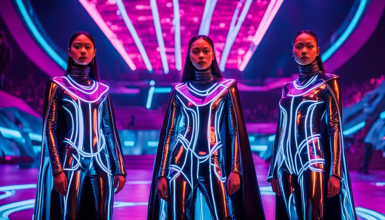 girls in glowing latex tron like reflective futuristic outfi...