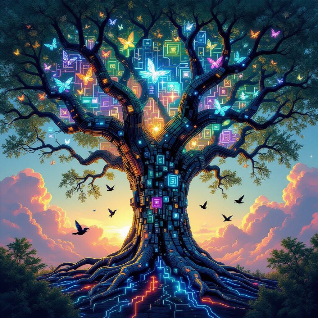 A giant ancient tree seamlessly fused with glowing circuits and neon veins, its branches transforming into robotic arms reaching toward the ...