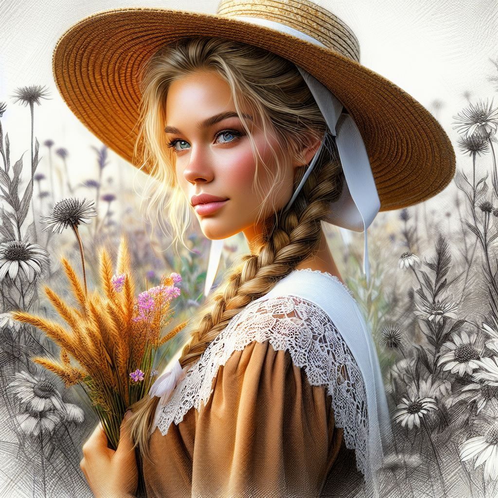 color sketch of a Beautiful Amish Woman with Blond braided hair