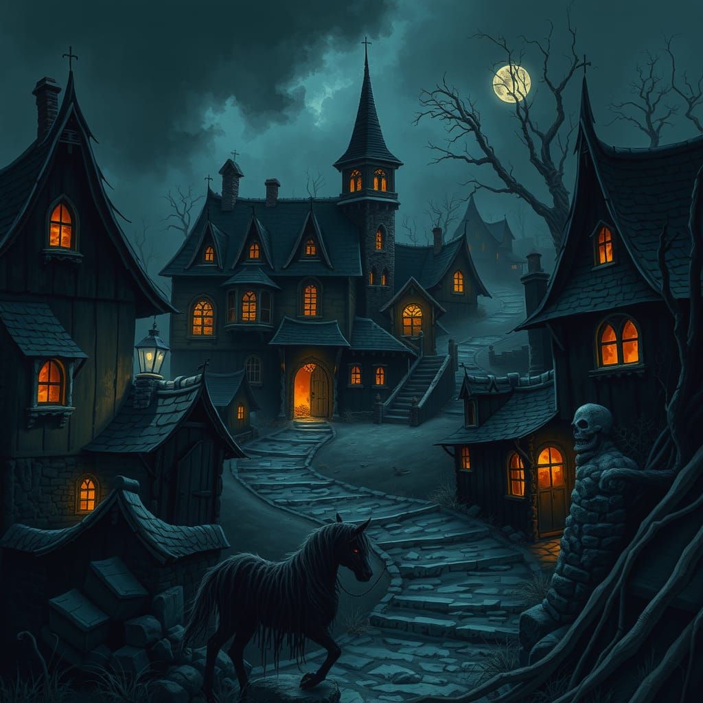 Grimdark fantasy haunted village night