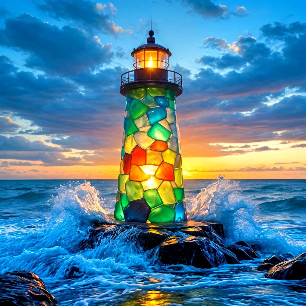 Sea Glass Sculptures. Full shot. A majestic lighthouse constructed entirely from smooth, wave-tumbled ...  by @Carlos
