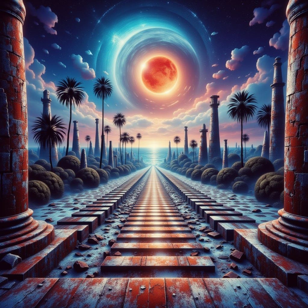 Surreal Coding Landscape with Checkerboard Paths and Crumbli...