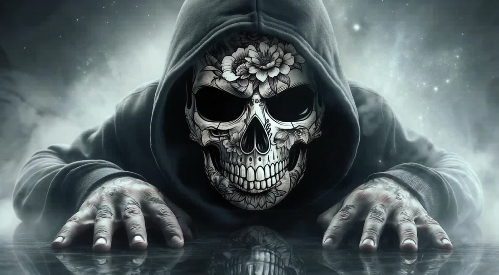 A figure clad in a hooded sweatshirt stares intensely, displaying a striking skull face covered in intricate floral tatt...