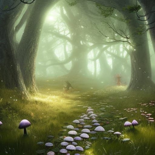 Mystical fairy path inside of the magical ancient dark green...