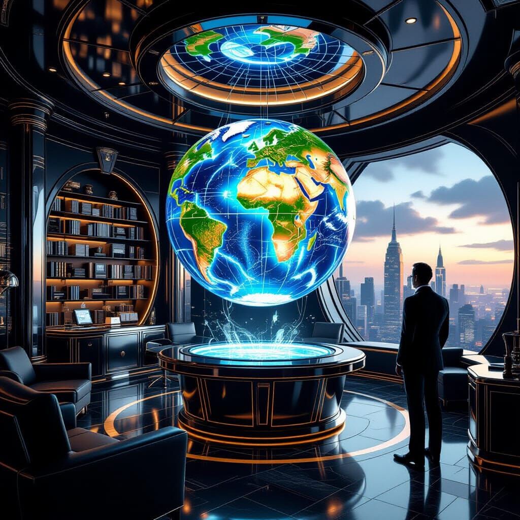 An opulent, art deco penthouse apartment that serves as a supervillain's command center, featuring a ...  by @Deborah Sutton