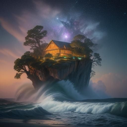 " "A quiet beach at dusk, with biological waves gently crash...